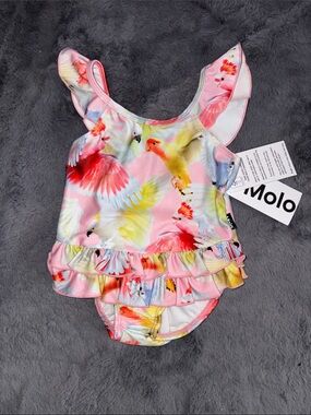 Molo Pink Parrot Ruffle Swim Onesie